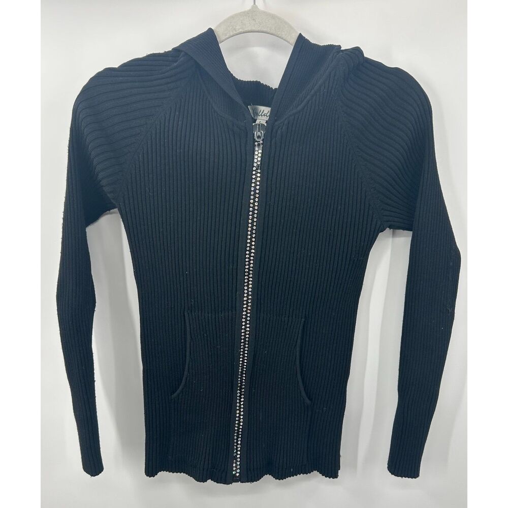 Belldini Ribbed Black Hoodie Hooded Sweater Knit Rhinestone Women's Large